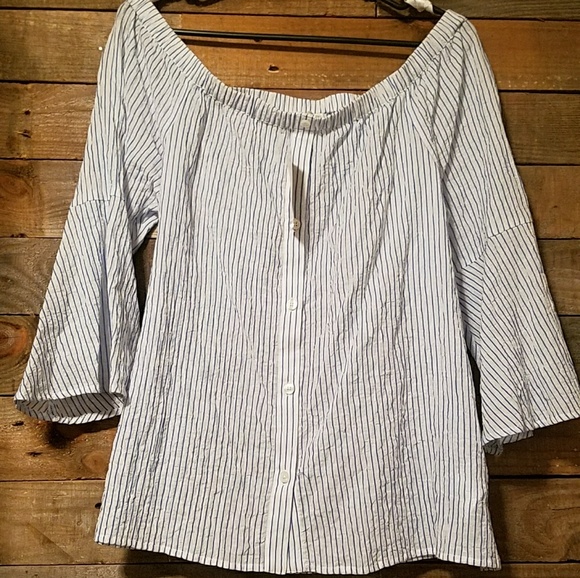 Michael Kors Women's Striped Off The Shoulder Top Blue Size L
